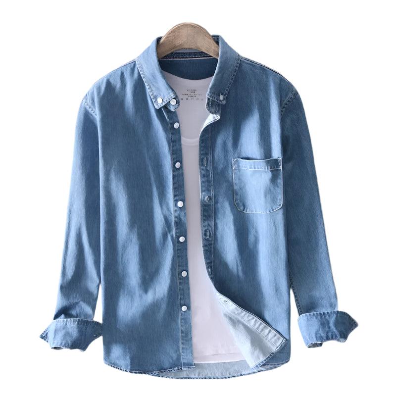 Pure Cotton Denim Shirt for Men – Vintage Washed Long Sleeve Casual Shirt - JVMCL