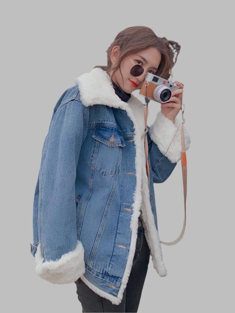 Velvet-Thickened Lamb Wool Denim Jacket for Women –Korean Style Winter Outerwear - JVMCL