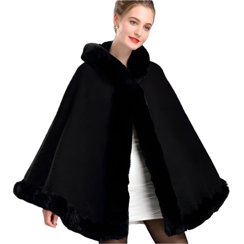 Luxury Winter Rabbit Fur Collar Poncho Cape – Elegant & Cozy Outstreet Mantle - JVMCL