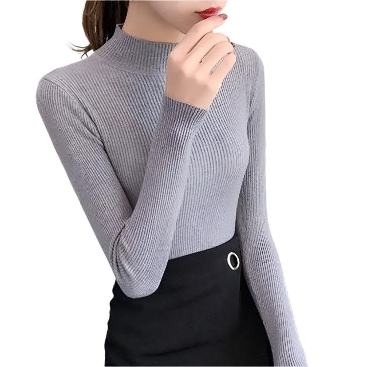 Autumn Winter Mock Neck Women Sweater - Vintage Basic Slim Knitted Casual Pullover - JVMCL