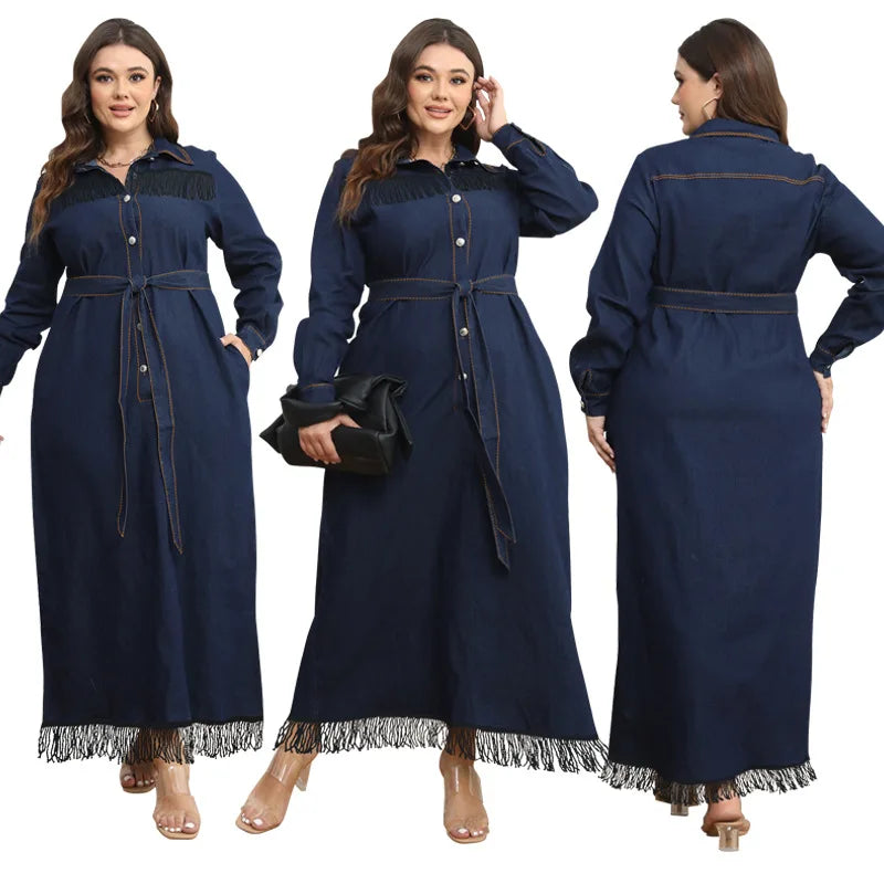 Women’s A-Line Loose-Fit Casual Plus Size Denim Fringe Ruffle Dress