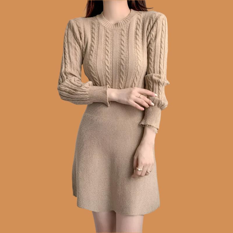 Chic Feminine Korea Winter Spring Women Office Lady O-Neck Knitted Sweater Dress - JVMCL