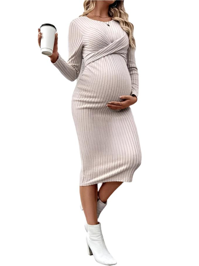 Elegant Knit Maternity Dress –Slim Fit Solid Color Long Sleeve Sheath for Autumn - JVMCL