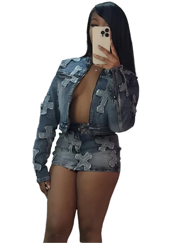 2 Piece Denim Sets for Women: Long Sleeve Zipper Jacket and Mini Skirt Set - JVMCL