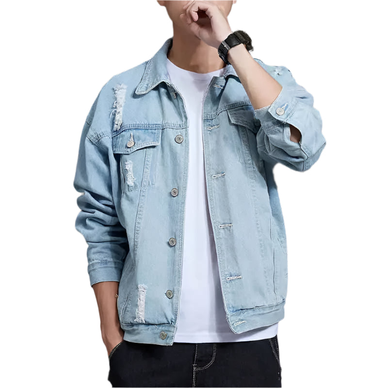 Men’s Trendy Denim Jacket – Slim-Fit Mandarin Collar Outerwear for a Modern Look