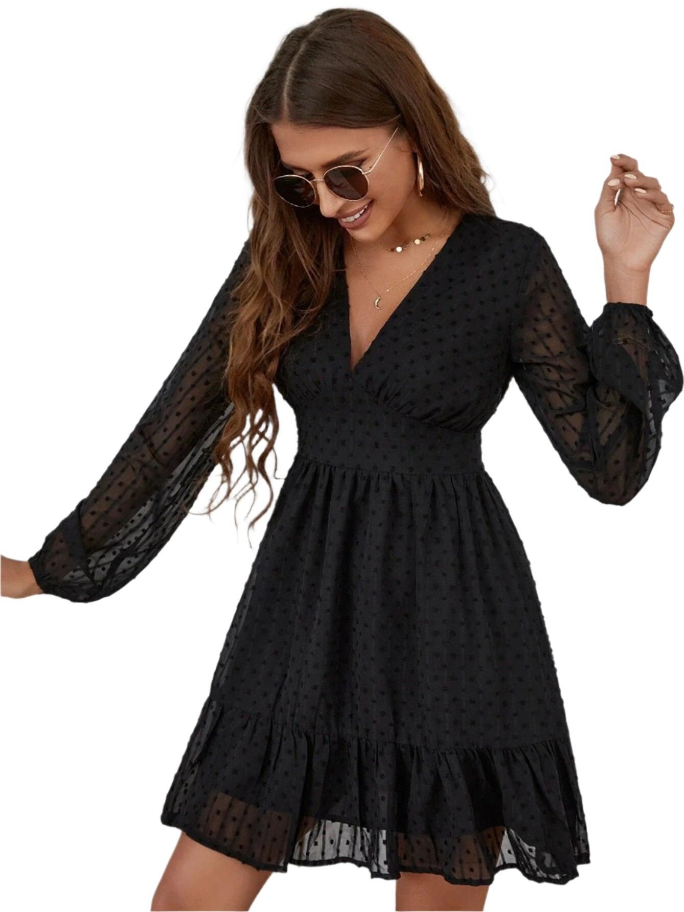 Lantern Sleeve Solid Color Long Sleeve V-Neck High Waist Women's Short Dress - JVMCL