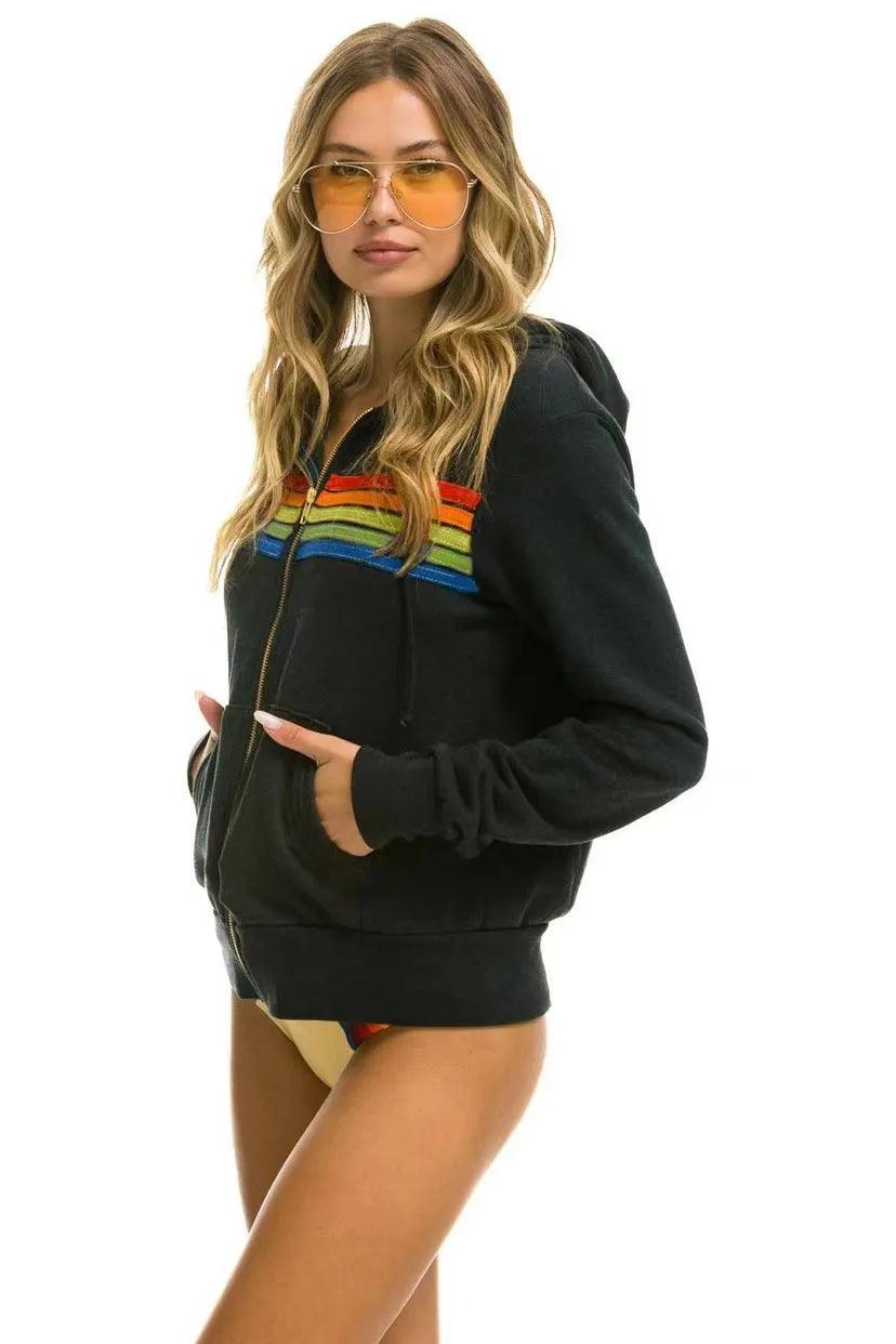 Aviator Nation 5 Stripe Rainbow Hooded Sweatshirt– Slim Fit Fleece Zip-Up Jacket - JVMCL