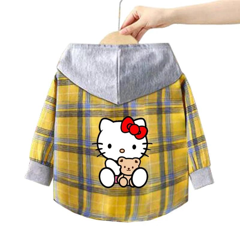 Kitty-Inspired Cute & Casual Hello Hooded Plaid Kids Shirt Outfit (1-12 Years) - JVMCL