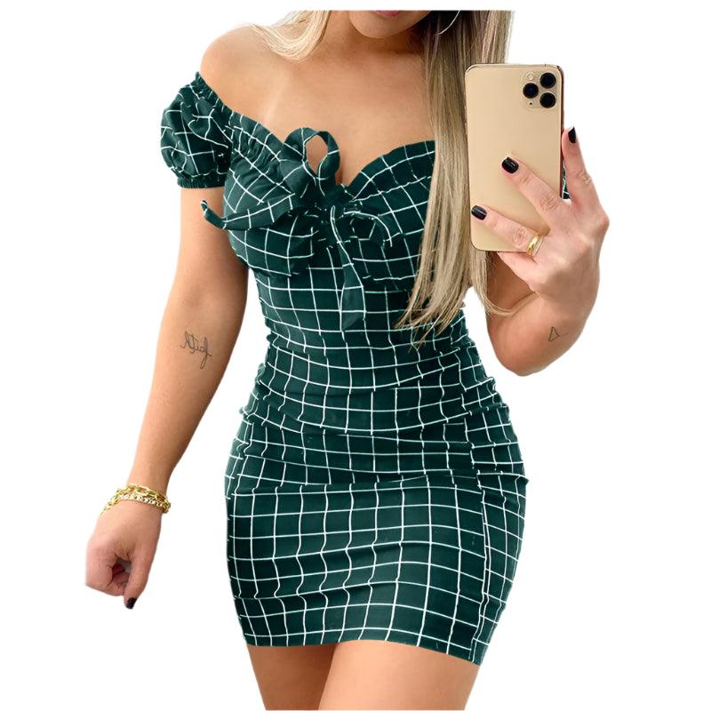 Summer Sexy Off-Shoulder Plaid Mini Dress –Casual Beach Bodycon Boho Party Dress