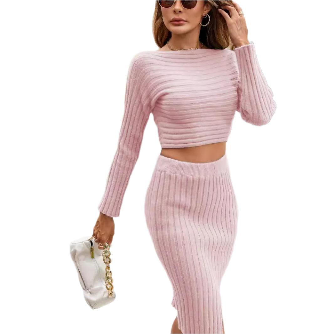 Two Piece Autumn Winter Knitted Skirt Set –Long-Sleeve Striped Hip Skirt Sweater - JVMCL