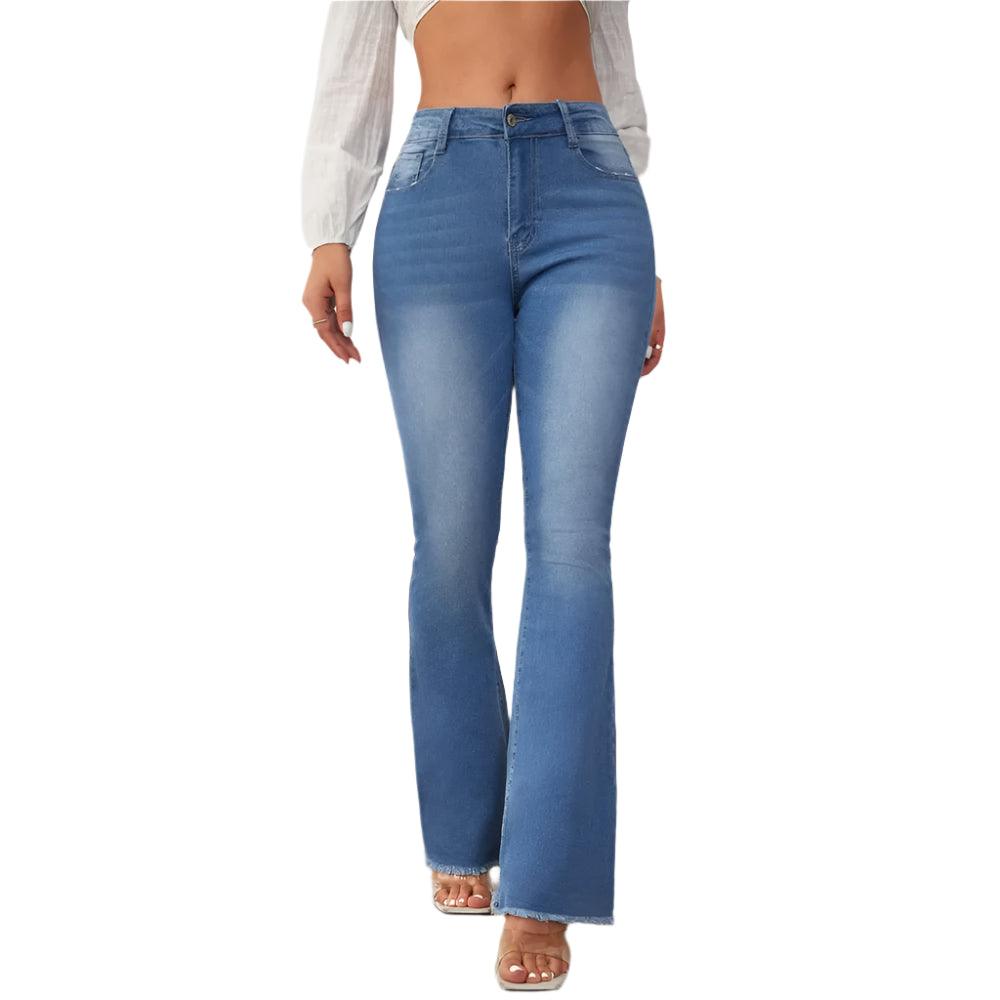 Easy to Style Flattering Women High Cut Ripped Denim Flare Pants - JVMCL