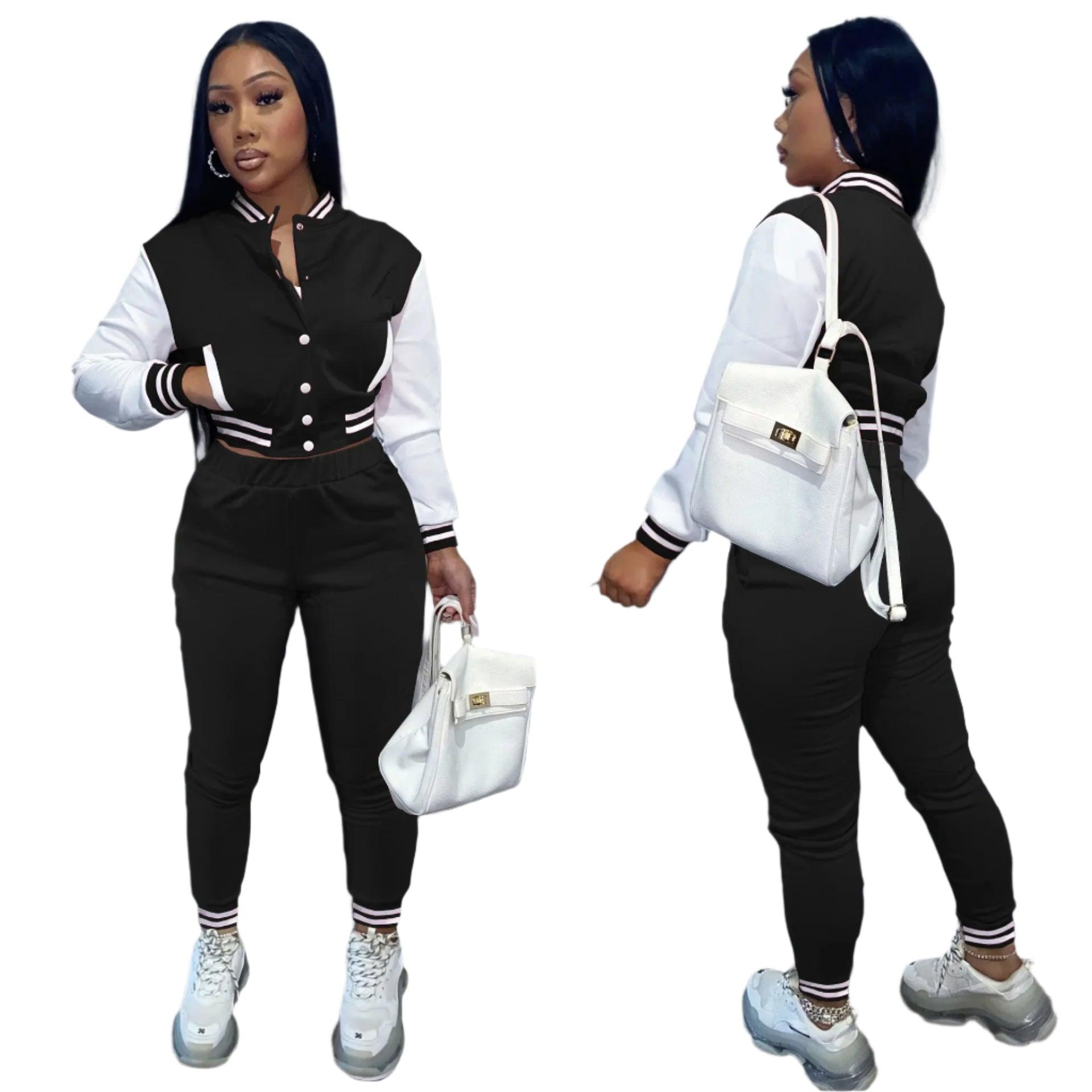 Autumn Two-Piece Women's Sports Suit - Baseball Jacket and Drawstring Pants - JVMCL