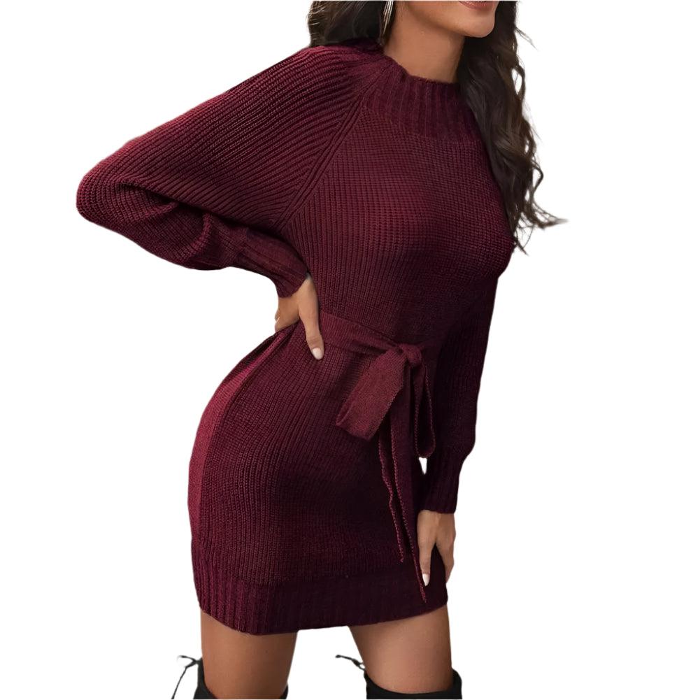 Knitted O-Neck A-line Mini Sweater Dress - Thicken and Sexy for Autumn and Winter - JVMCL