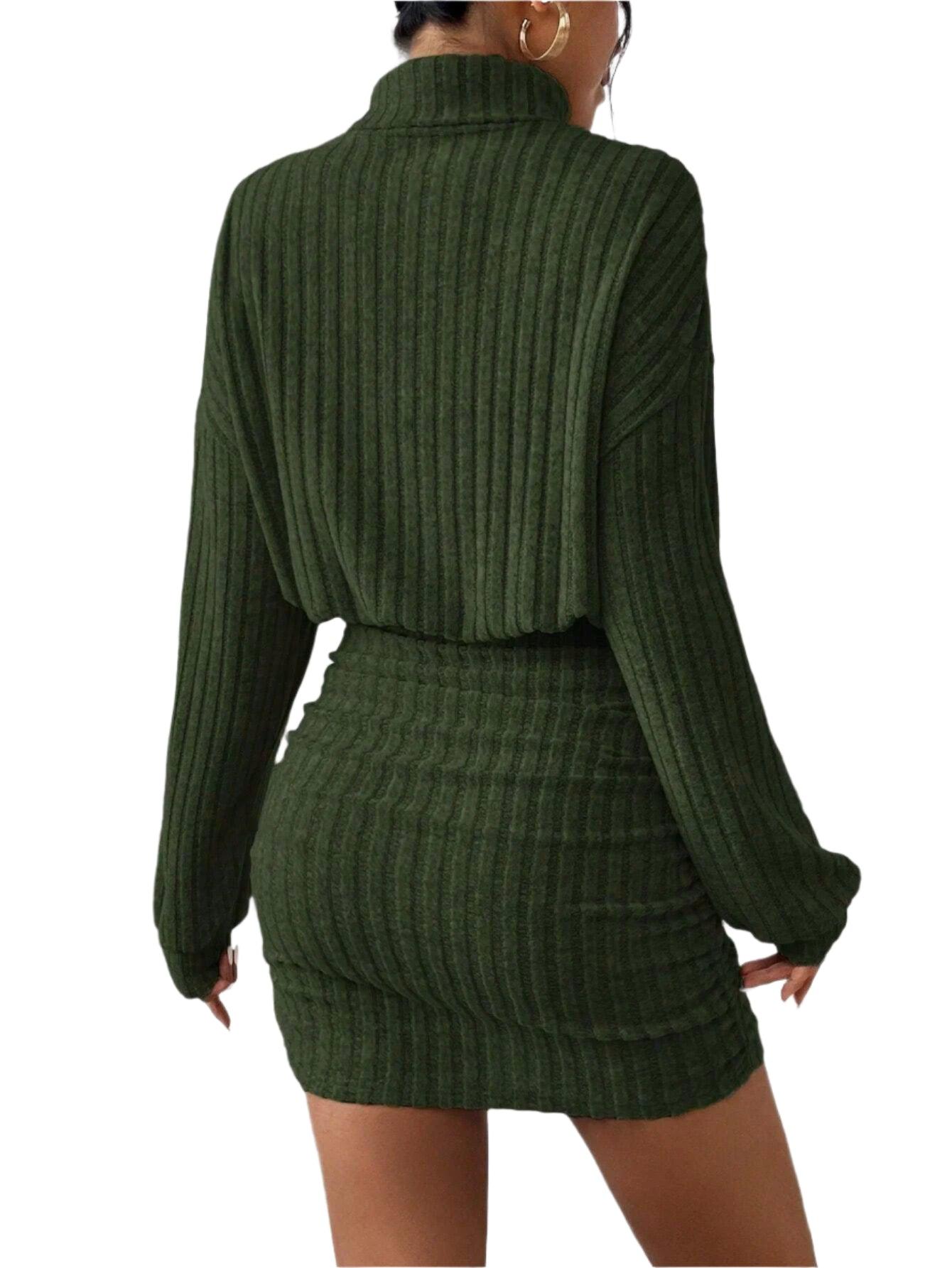 Women's High Neck Slim Knit Sweater Dress – Casual Long Sleeve Solid Mini Dress - JVMCL