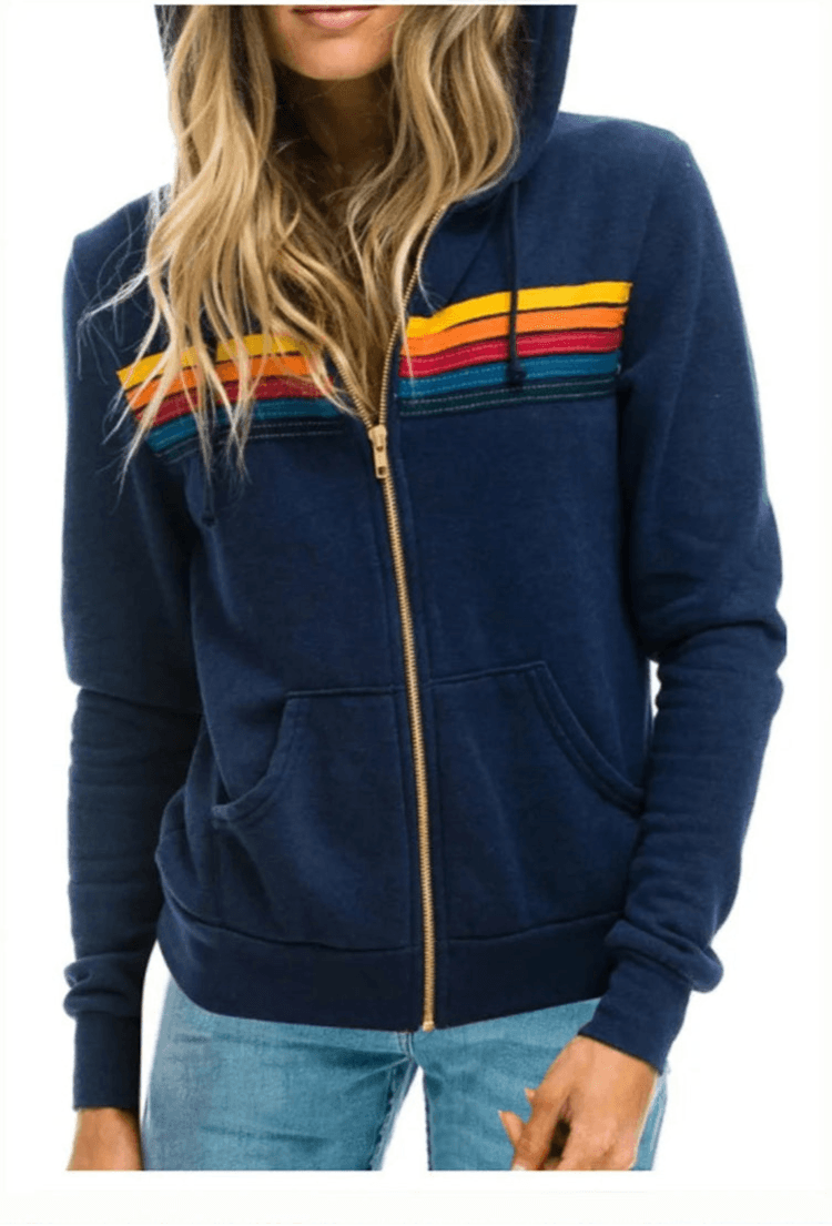 Aviator Nation 5 Stripe Rainbow Hooded Sweatshirt– Slim Fit Fleece Zip-Up Jacket - JVMCL