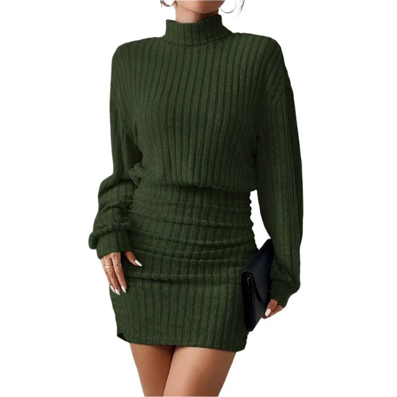 Women's High Neck Slim Knit Sweater Dress – Casual Long Sleeve Solid Mini Dress - JVMCL