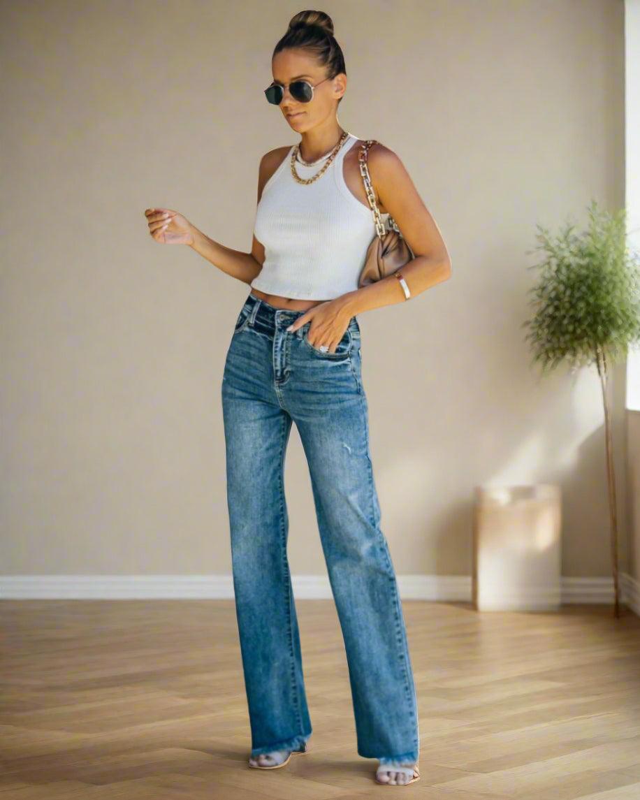 Women's High Waist Loose Jeans - Wide Leg Fashion Boyfriend Denim Pants - JVMCL