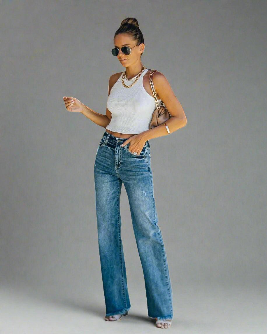 Women's High Waist Loose Jeans - Wide Leg Fashion Boyfriend Denim Pants - JVMCL