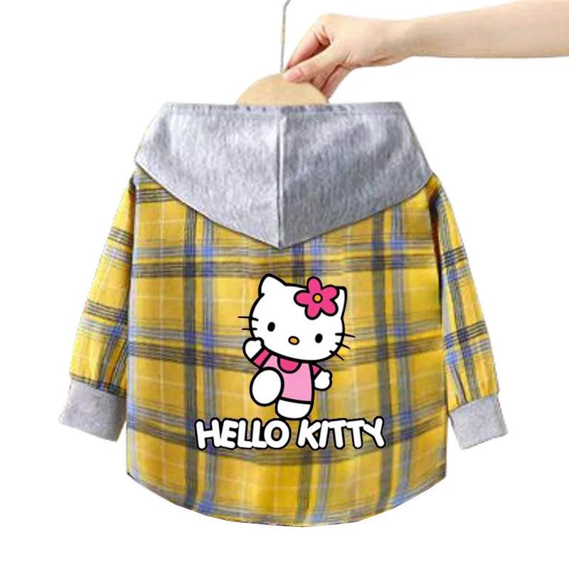 Kitty-Inspired Cute & Casual Hello Hooded Plaid Kids Shirt Outfit (1-12 Years) - JVMCL