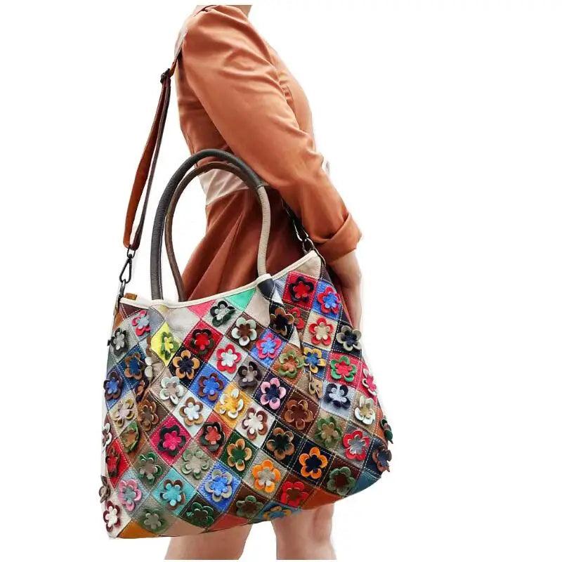 Multi-Colorful Real Leather Floral Tote – Luxury & Artistic Elegance - JVMCL