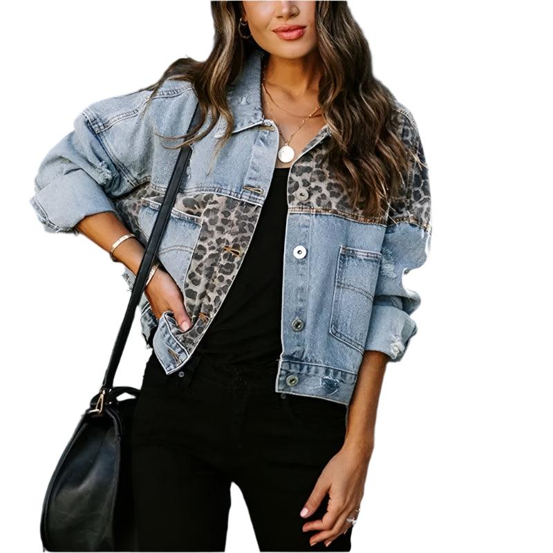 Trendy Patchwork Design Women's Leopard Stitching Comfortable Denim Jacket - JVMCL