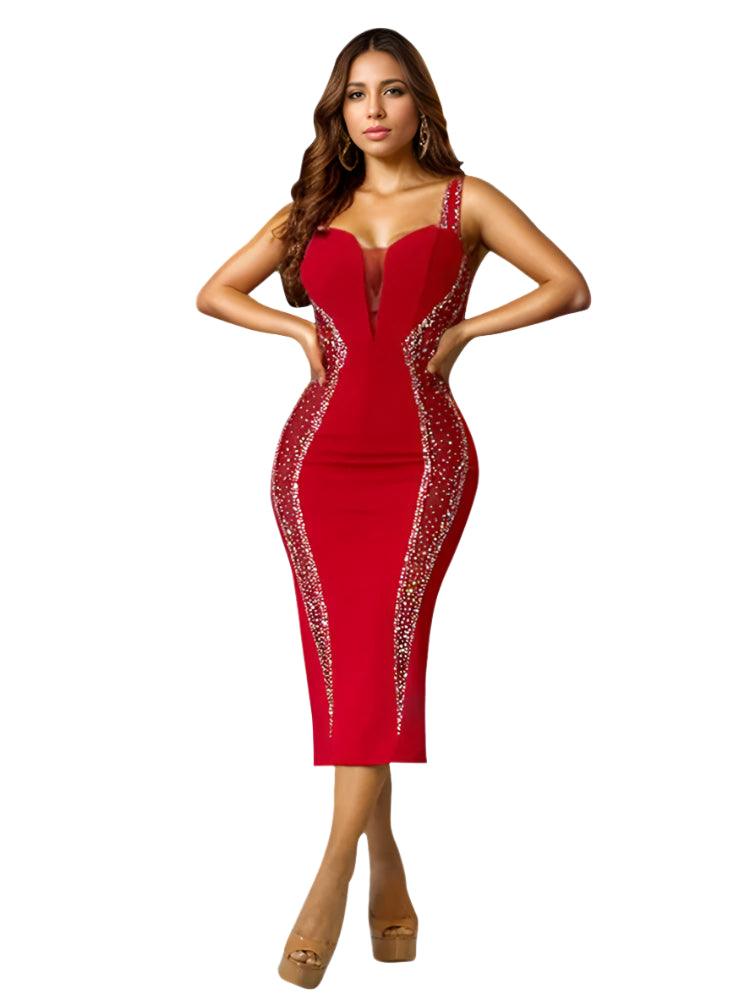 Sexy Elegant Spaghetti Strap Celeb-Worthy Diamond Mesh Evening Nightclub Dress - JVMCL