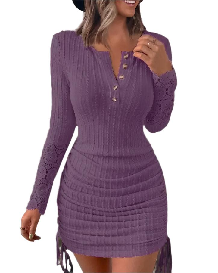 Fashion V-Neck Lace – Long Sleeve Knitted Hip Wrap Bodycon Midi Dress for Women - JVMCL