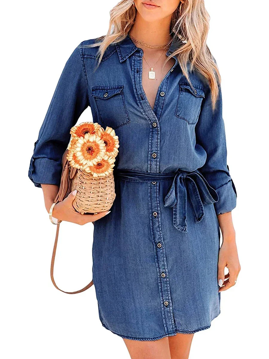 Women's Casual Denim Shirt Dress – Chic & Effortless Button-Down Style