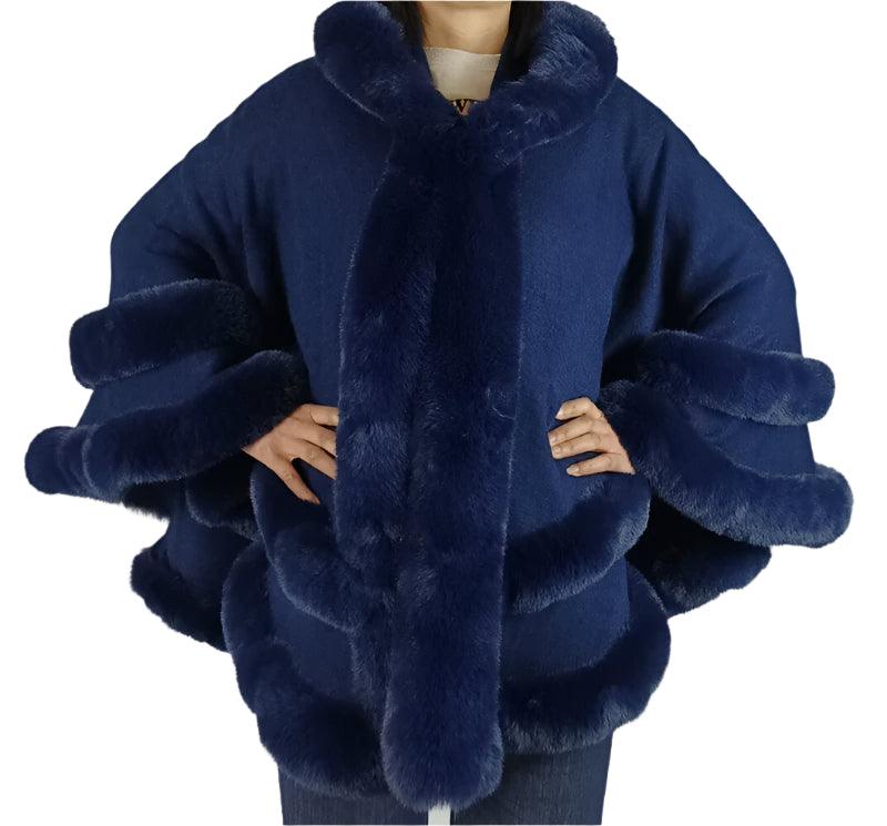 Double Layer Luxury Faux Rex Rabbit Fur Hooded Cape Knit Poncho Overcoat Wraps - JVMCL