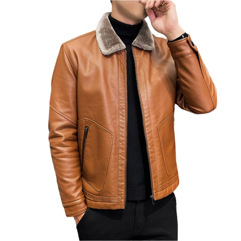 Men's Casual Motorcycle Windbreaker with Fur Collar Faux Leather Slim Fit Jacket - JVMCL