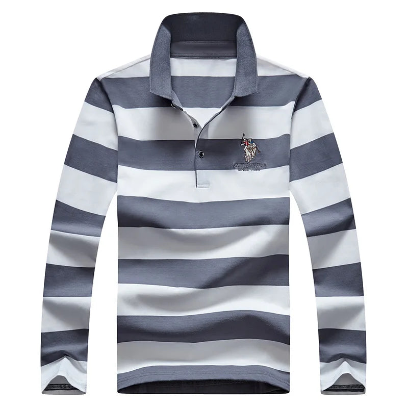 Men’s Cotton Long-Sleeve Striped Polo Shirt – Casual Business Fashion Sweater