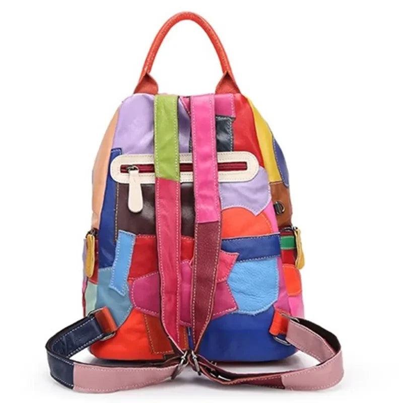 Women's Genuine Leather Backpack –Vintage Bucket Schoolbag with Patchwork Design - JVMCL