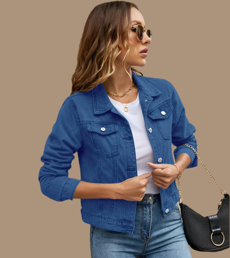 Women's Short Slim Denim Jacket -Casual Fall/Winter Jean Coat with Patch Details - JVMCL