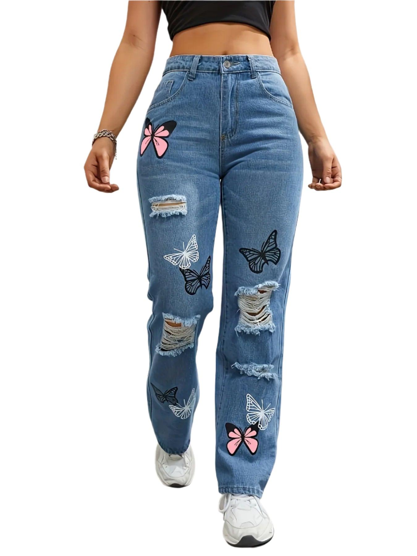 Women’s High-Waist Appliqué Straight-Leg Jeans – Trendy Streetwear Denim - JVMCL