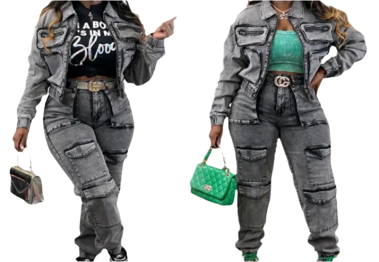 Multi-Pocket Denim Pants Outfit for Women – Elegant Two-Piece Matching Set - JVMCL