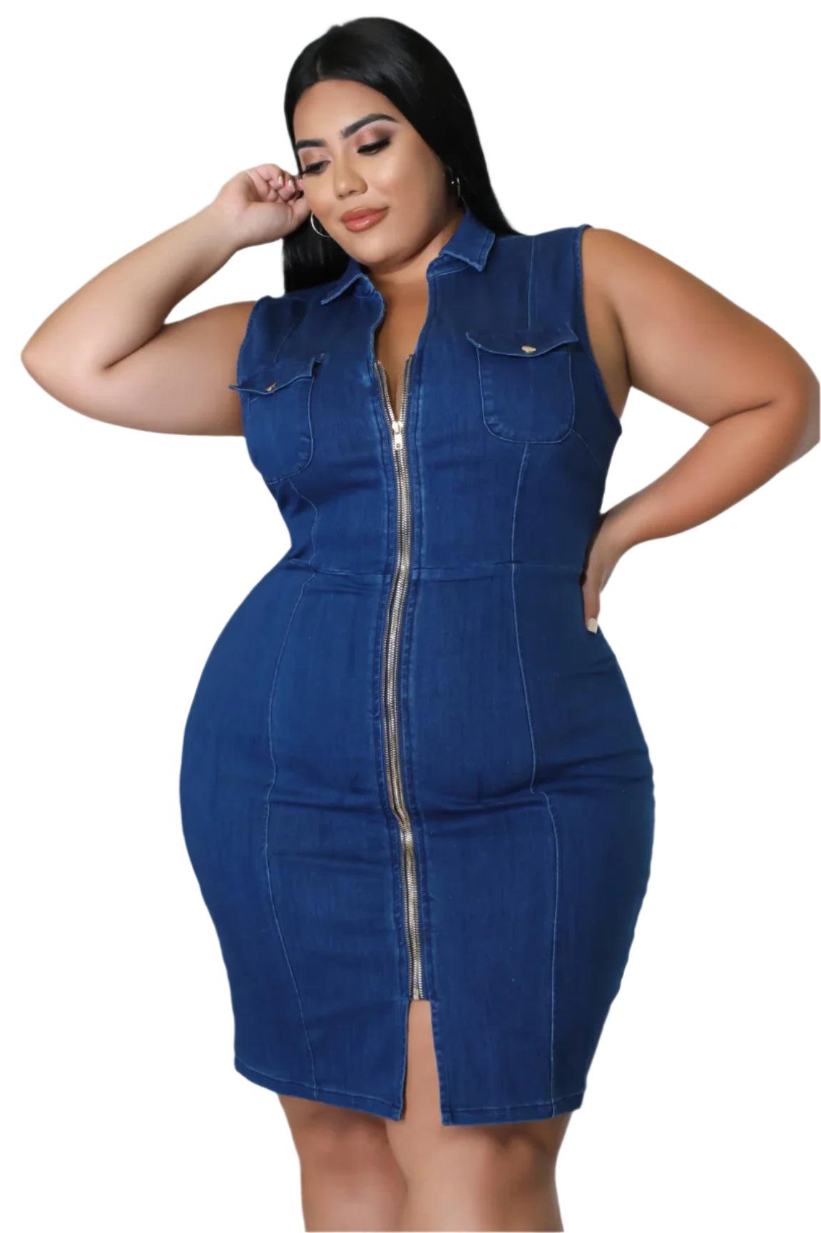 Comfortable Fit Elegant Plus Size Sleeveless Zipper Denim Dress for Women - JVMCL