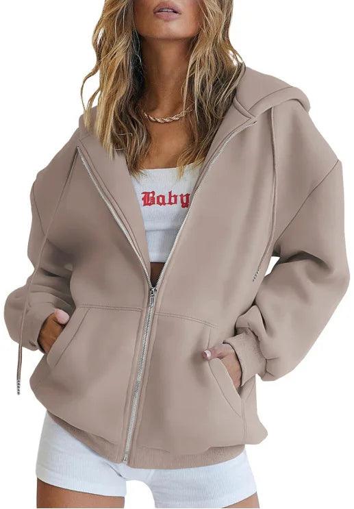 Women's Long Sleeve Solid Zip-Up Sweatshirt - Autumn/Winter Fashion Hoodie - JVMCL