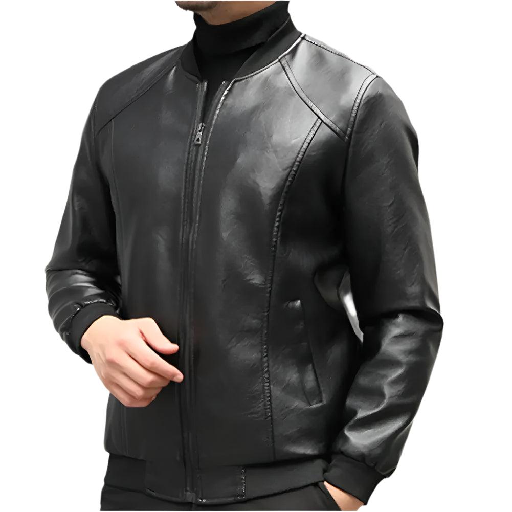 Men's Thickened Warm PU Leather Bomber Jacket - Thermal Stand-Up Collar Business Casual Outerwear - JVMCL