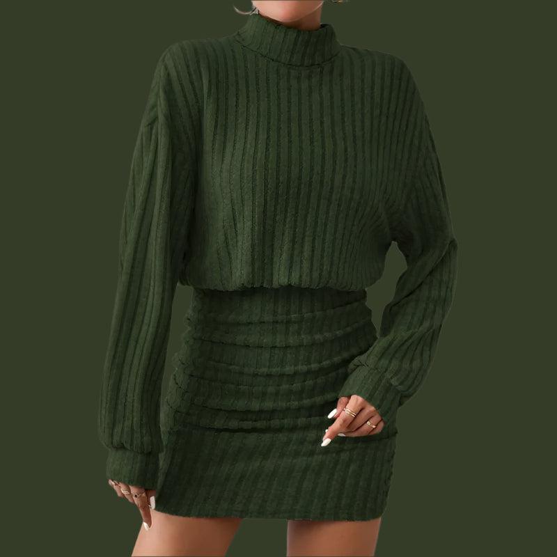 Women's High Neck Slim Knit Sweater Dress – Casual Long Sleeve Solid Mini Dress - JVMCL