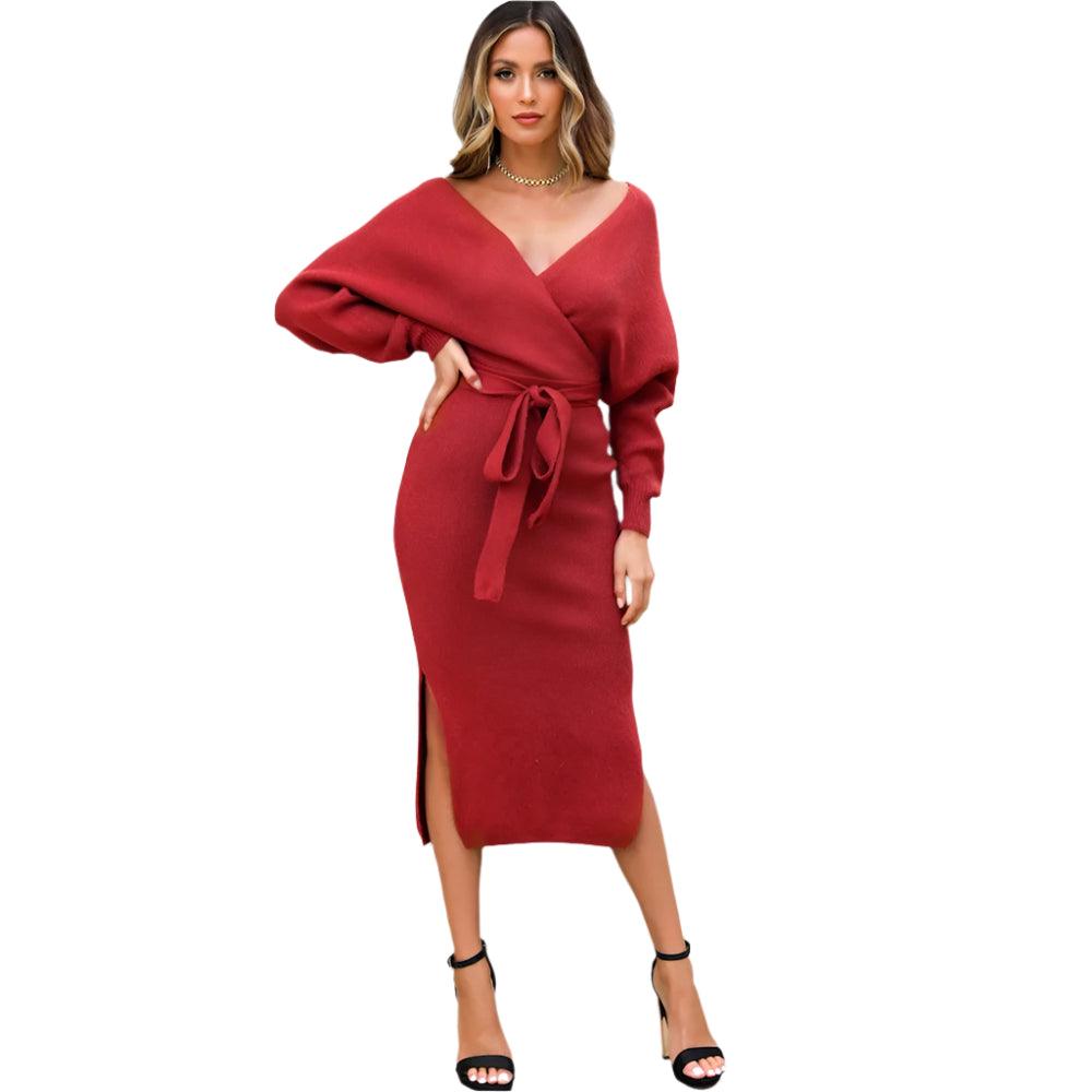 Cross-Border Fashion Lace-Up Knitted Dress – Sexy Slim Fit V-Neck Midi Sweater Dress for Women - JVMCL