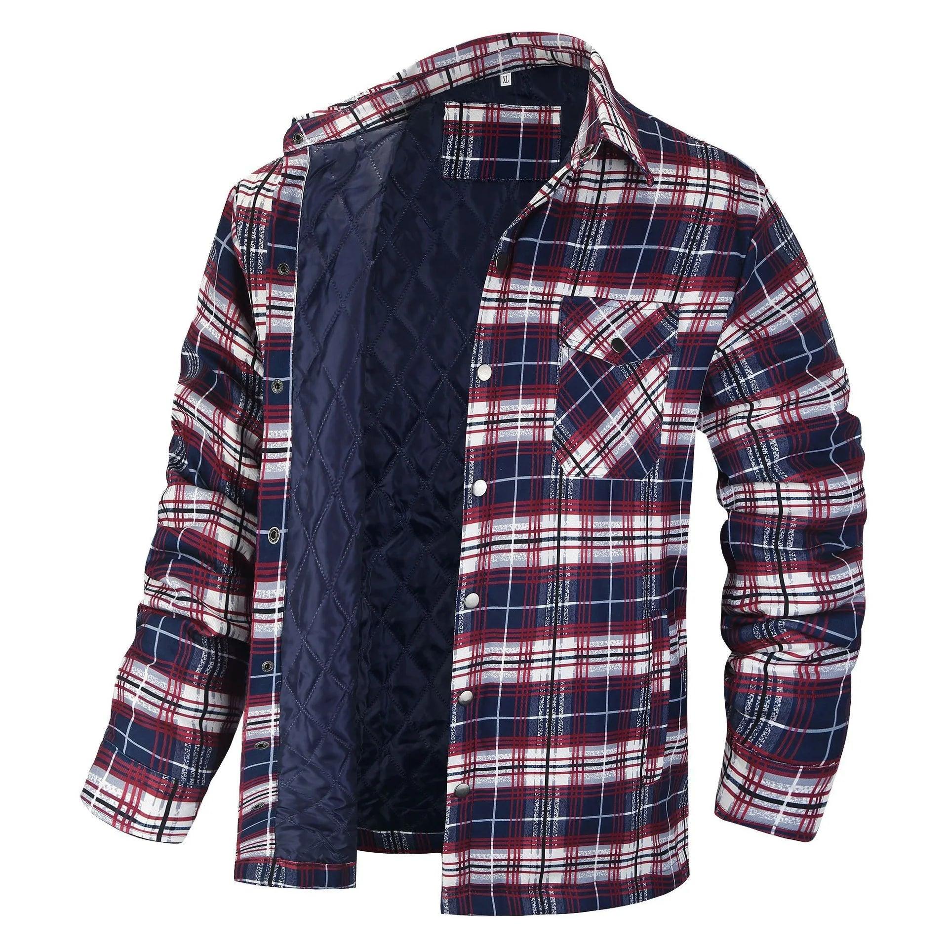 Men’s Plaid Long-Sleeve Winter Jacket – Thick Lapel Bomber Coat for Autumn & Winter - JVMCL