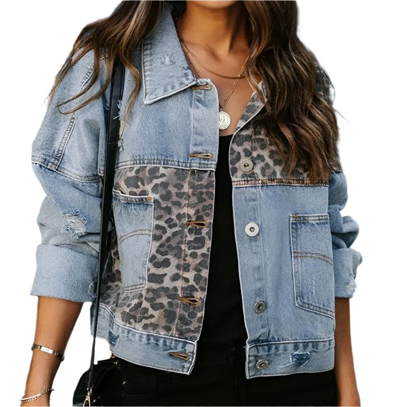 Trendy Patchwork Design Women's Leopard Stitching Comfortable Denim Jacket - JVMCL