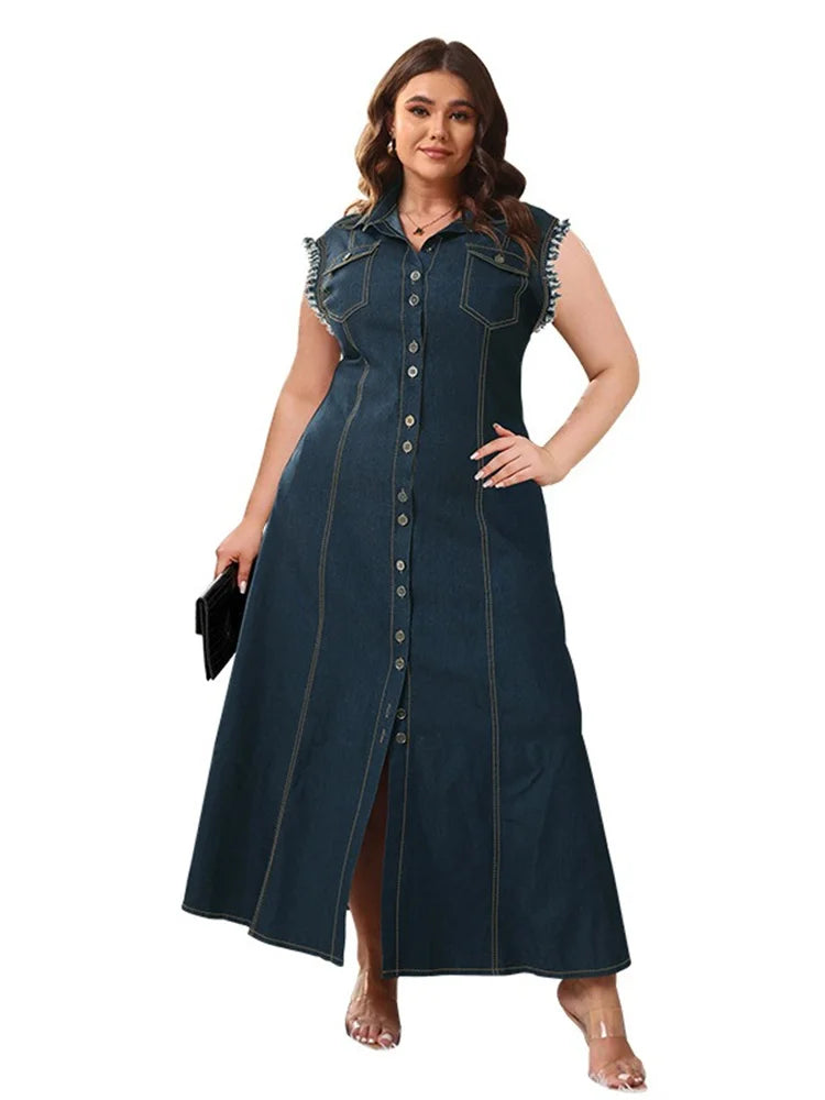 Elegant Button-Up Summer Fashion Denim Plus Size Sleeveless Maxi Dress