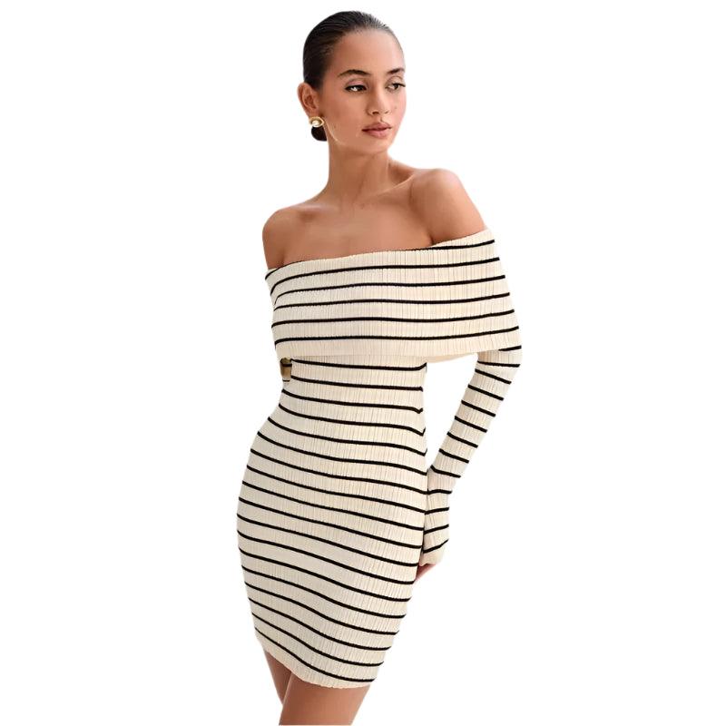 Off Shoulder Striped Long Sleeved Skirt with a Single Neckline Knitted Casual Short Dress - JVMCL