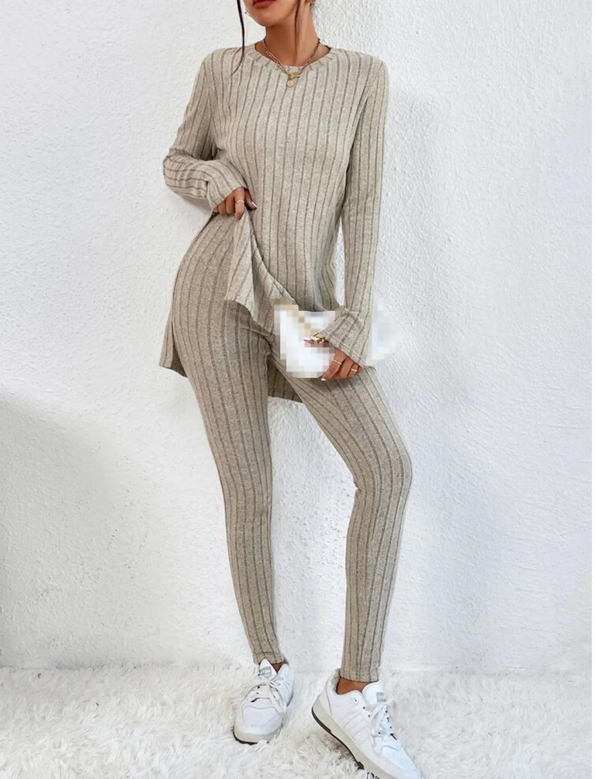 Women's Fashion Autumn Casual Set – Long Sleeve Split Shirt & High Waist Pants ✨ - JVMCL