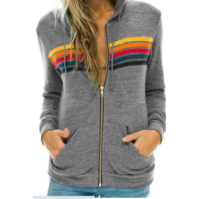 Aviator Nation 5 Stripe Rainbow Hooded Sweatshirt– Slim Fit Fleece Zip-Up Jacket - JVMCL