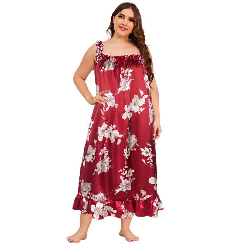 Red Flower Print Satin Nightgown - Plus Size Sleeveless Summer Sleepwear - JVMCL