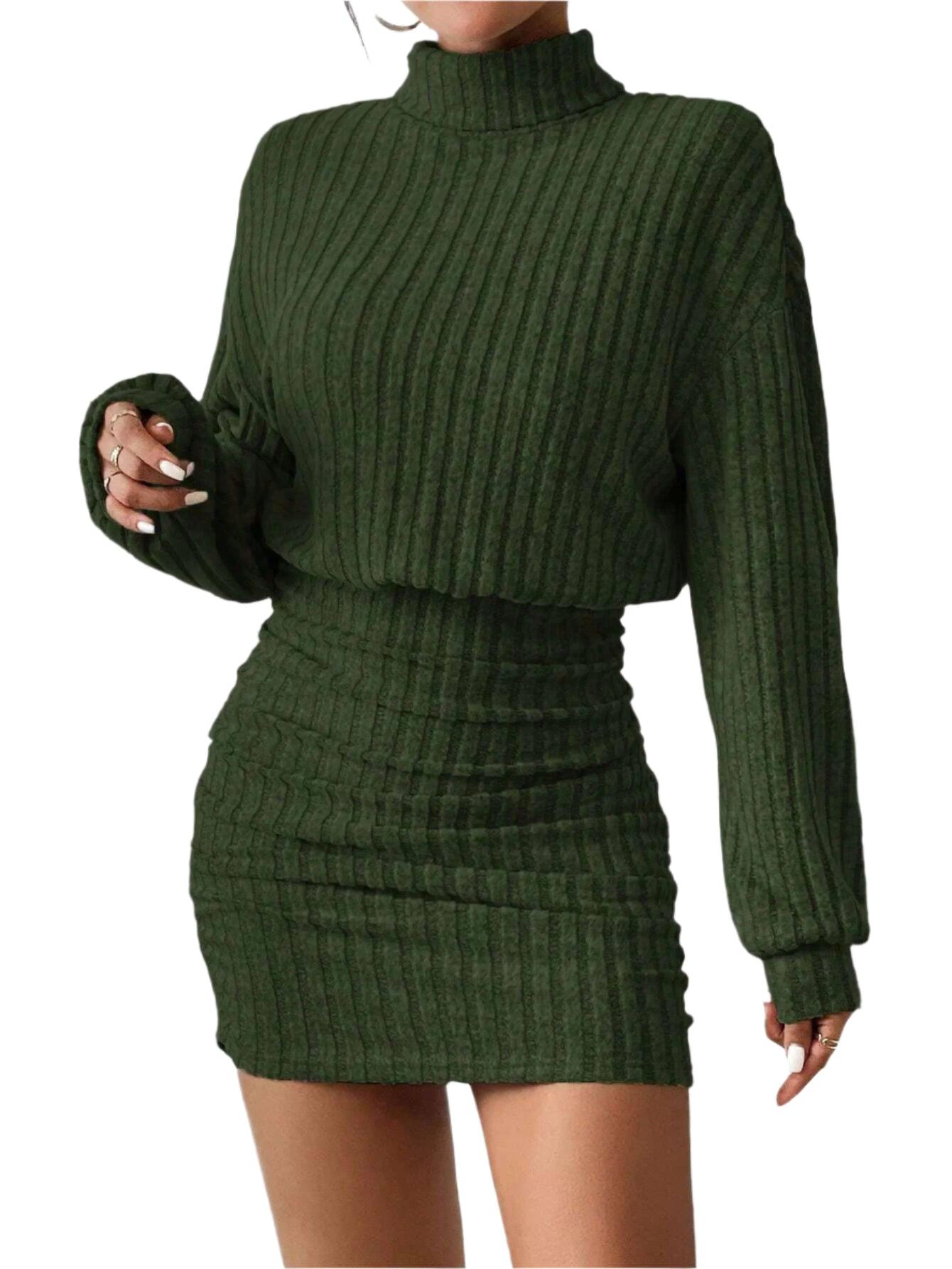 Women's High Neck Slim Knit Sweater Dress – Casual Long Sleeve Solid Mini Dress - JVMCL