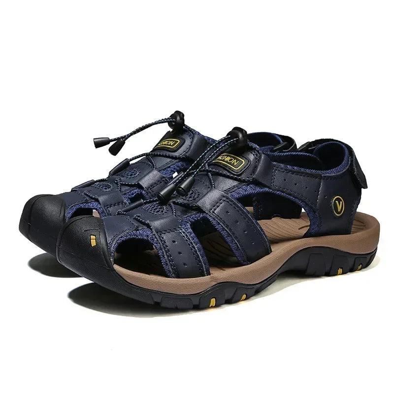 Hollow Breathable Genuine Leather Men's Slippers Outdoor Sandals - JVMCL