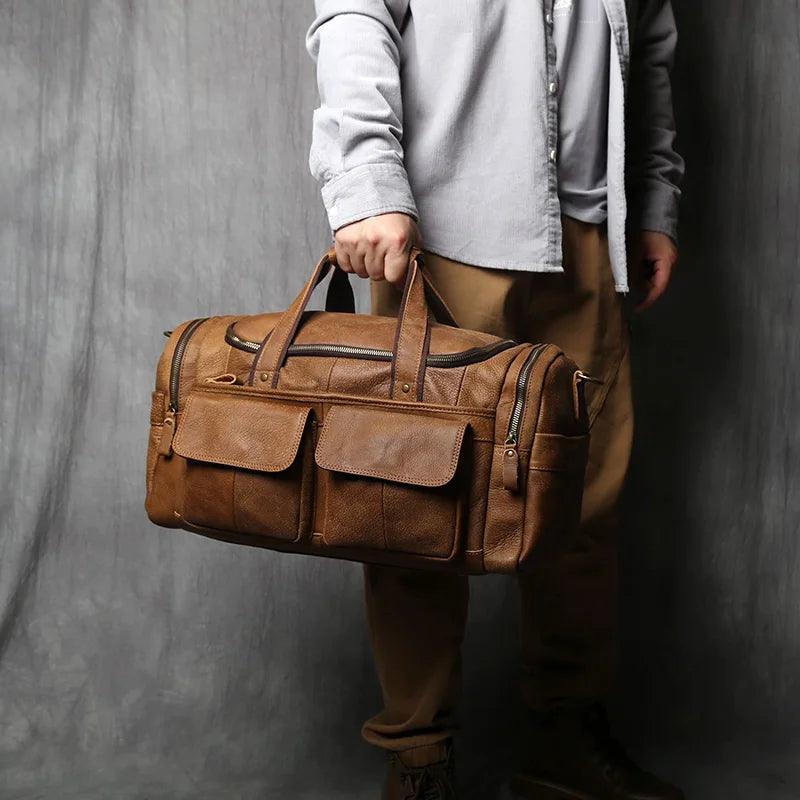 Retro Men's Genuine Leather Travel Duffel Bag – Large Capacity Hand Luggage & Messenger Bag - JVMCL